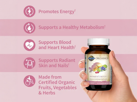 Garden of Life Organics Women's Multivitamin Whole Food 60 Tablets side bottle packaging with key benefits detail