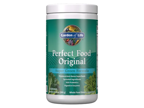 Garden of Life Perfect Food Original Super Green Formula Powder 300g front tub packaging showing product name and branding