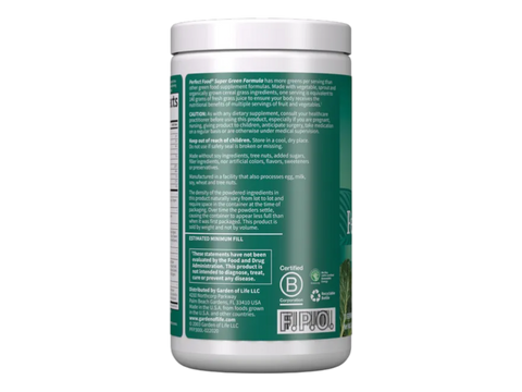 Garden of Life Perfect Food Original Super Green Formula Powder 300g side tub packaging with key benefits detail