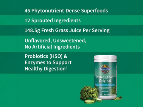 Garden of Life Perfect Food Original Super Green Formula Powder 300g side tub packaging with key benefits detail