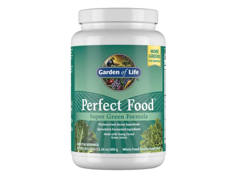 Garden of Life Perfect Food Super Greens Formula Powder front tub packaging showing product name and branding- 600g
