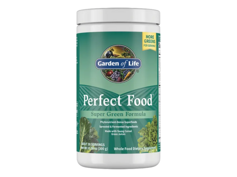 Garden of Life Perfect Food Super Greens Formula Powder front tub packaging showing product name and branding- 300g