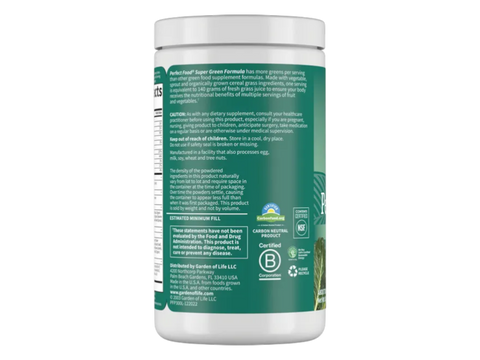 Garden of Life Perfect Food Super Greens Formula Powder side tub packaging with key benefits detail