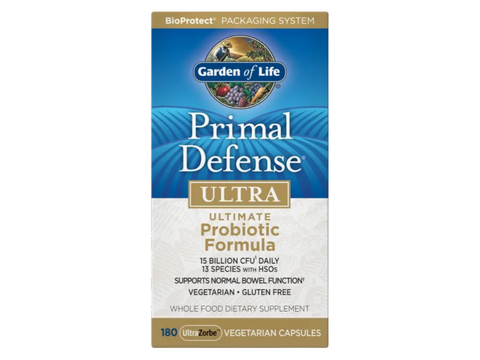 Garden of Life Primal Defense Probiotic 15B CFU and HSOs Vegan Capsules bottle front label packaging- 180 capsules