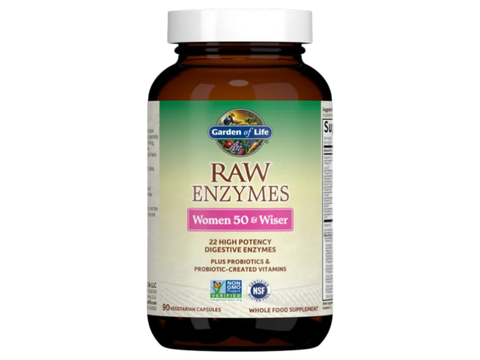 Garden of Life RAW Enzymes Women 50+ Digestive Enzymes 90 Capsules front bottle packaging showing product name and branding