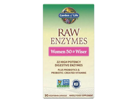 Garden of Life RAW Enzymes Women 50+ Digestive Enzymes 90 Capsules front bottle packaging showing product name and branding