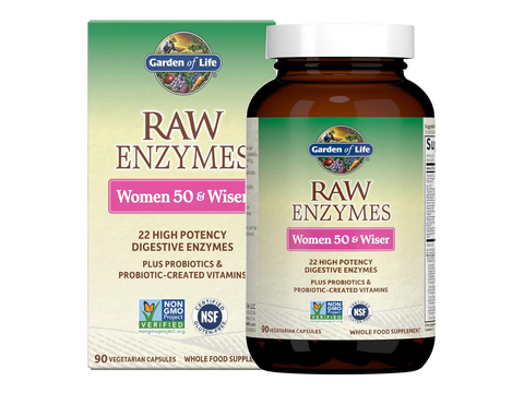 Garden of Life RAW Enzymes Women 50+ Digestive Enzymes 90 Capsules front bottle packaging showing product name and branding