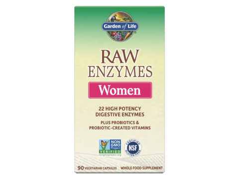 Garden of Life RAW Enzymes for Women 22 Enzymes with Probiotics 90 Veg Caps front bottle packaging showing product name and branding