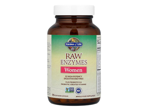 Garden of Life RAW Enzymes for Women 22 Enzymes with Probiotics 90 Veg Caps front bottle packaging showing product name and branding