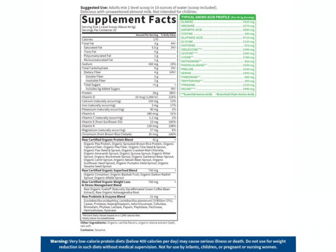 Garden of Life RAW Organic Fit Vegan Protein Shake Powder supplement facts panel on tub packaging