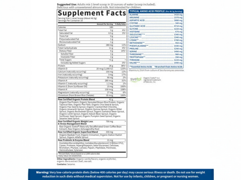 Garden of Life RAW Organic Fit Vegan Protein Shake Powder supplement facts panel on tub packaging
