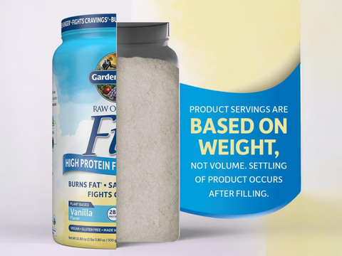 Garden of Life RAW Organic Fit Vegan Protein Shake Powder scoop with vegan protein powder next to tub
