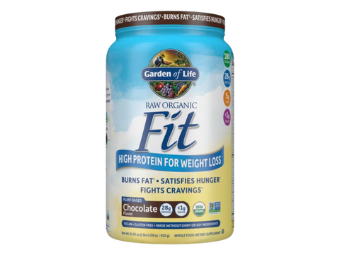 Garden of Life RAW Organic Fit Vegan Protein Shake Powder front tub packaging showing product name and branding- chocolate flavor