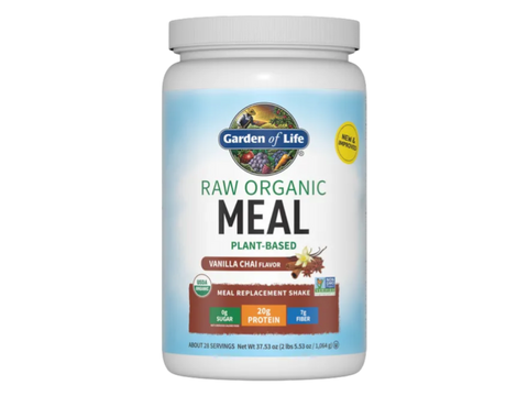 Garden of Life RAW Organic Meal Shake Plant Protein Powder 1064g front tub packaging showing product name and branding- vanilla chai flavor 