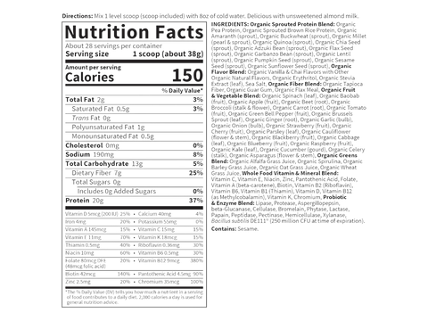 Garden of Life RAW Organic Meal Shake Plant Protein Powder 1064g supplement facts panel on tub packaging