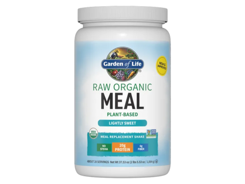 Garden of Life RAW Organic Meal Shake Plant Protein Powder 1064g front tub packaging showing product name and branding- lightly sweet flavor