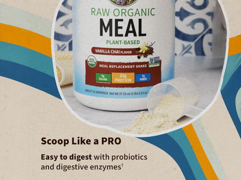 Garden of Life RAW Organic Meal Shake Plant Protein Powder 1064g scoop with plant protein powder next to tub