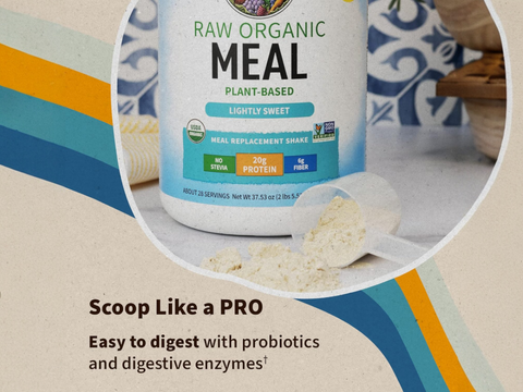 Garden of Life RAW Organic Meal Shake Plant Protein Powder 1064g scoop with plant protein powder next to tub