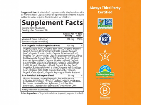 Garden of Life RAW Vitamin C 500 mg with Probiotics 60 Capsules supplement facts panel