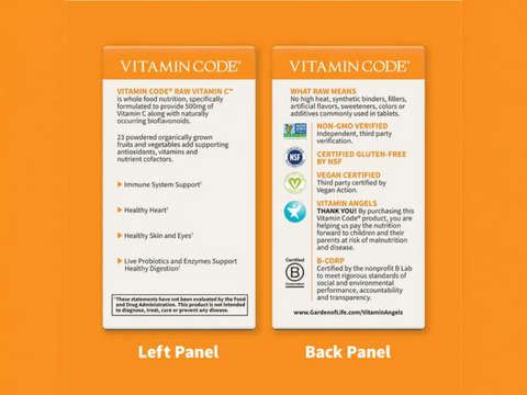 Garden of Life RAW Vitamin C 500 mg with Probiotics 60 Capsules side bottle packaging with key benefits detail