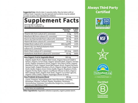 Garden of Life Raw B Complex Vitamin Vegan Capsules with Probiotics supplement facts nutrition information panel