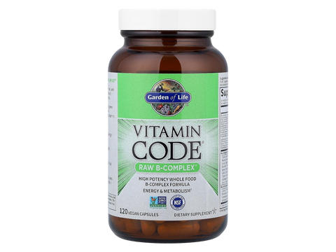 Garden of Life Raw B Complex Vitamin Vegan Capsules with Probiotics bottle front label packaging- 120 capsules