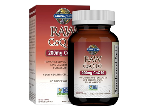 Garden of Life Raw CoQ10 200mg with Chia Seed Oil and Probiotics 60 Vegan Capsules bottle front label packaging