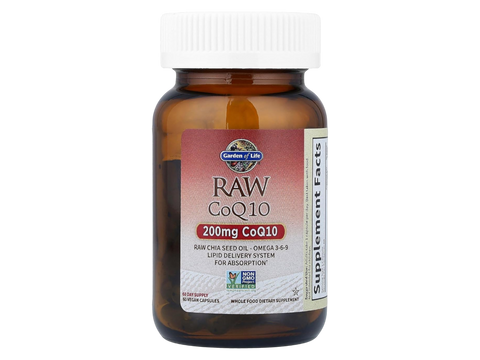 Garden of Life Raw CoQ10 200mg with Chia Seed Oil and Probiotics 60 Vegan Capsules bottle front label packaging
