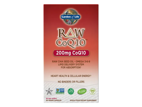 Garden of Life Raw CoQ10 200mg with Chia Seed Oil and Probiotics 60 Vegan Capsules bottle front label packaging