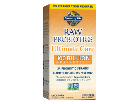 Garden of Life Raw Probiotics 100 Billion CFU 34 Strains and Enzymes 30 Veg Caps bottle front label packaging