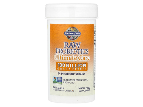 Garden of Life Raw Probiotics 100 Billion CFU 34 Strains and Enzymes 30 Veg Caps bottle front label packaging