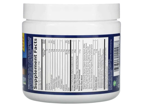 Supplement facts label  and barcode for Super Seed powder with fiber and protein.