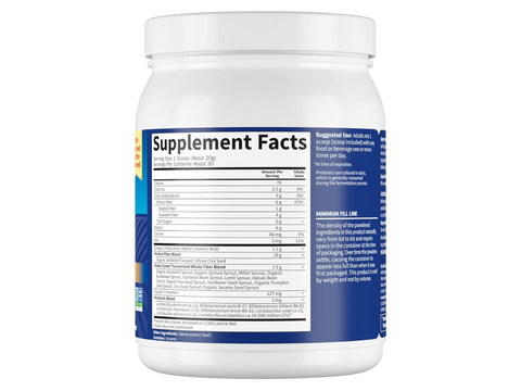 Supplement facts label for Super Seed powder with fiber and protein.