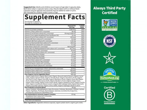 Garden of Life Vitamin Code Family Multi Whole Food Multivitamin 120 Vegan Caps supplement facts nutrition information panel