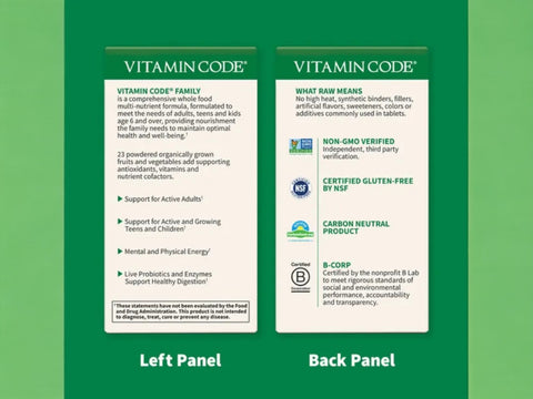 Garden of Life Vitamin Code Family Multi Whole Food Multivitamin 120 Vegan Caps ingredients information label