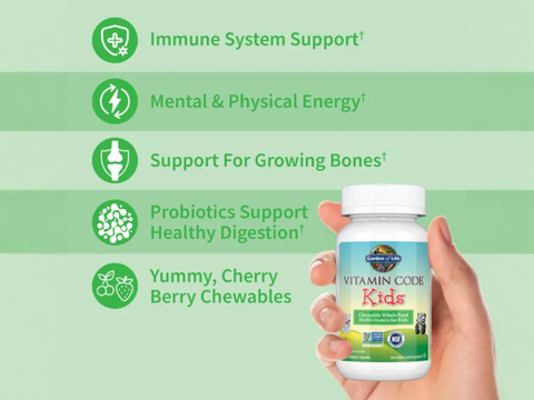 Garden of Life Vitamin Code Kids Chewable Multivitamin Cherry Berry with key benefits detail