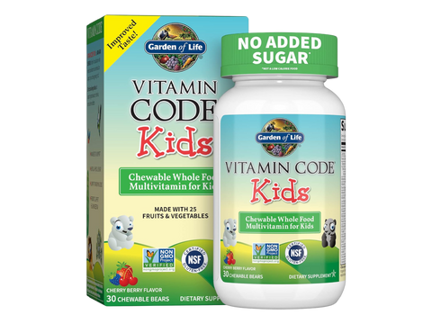 Garden of Life Vitamin Code Kids Chewable Multivitamin Cherry Berry front bottle packaging showing product name and branding- 30 chewable bears