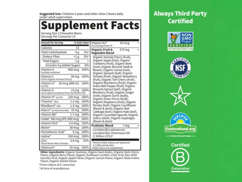 Garden of Life Vitamin Code Kids Chewable Multivitamin Cherry Berry supplement facts panel