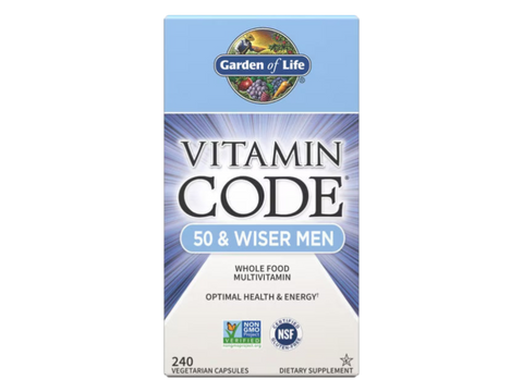 Garden of Life Vitamin Code Men's 50 Plus Multi with Probiotics and CoQ10 bottle front label packaging- 240 capsules