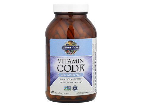Garden of Life Vitamin Code Men's 50 Plus Multi with Probiotics and CoQ10 bottle front label packaging- 240 capsules