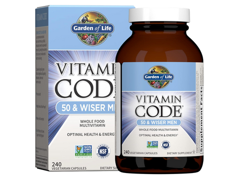 Garden of Life Vitamin Code Men's 50 Plus Multi with Probiotics and CoQ10 bottle front label packaging- 240 capsules