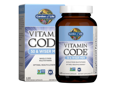 Garden of Life Vitamin Code Men's 50 Plus Multi with Probiotics and CoQ10 bottle front label packaging- 120 capsules