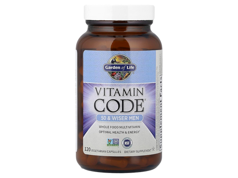 Garden of Life Vitamin Code Men's 50 Plus Multi with Probiotics and CoQ10 bottle front label packaging- 120 capsules