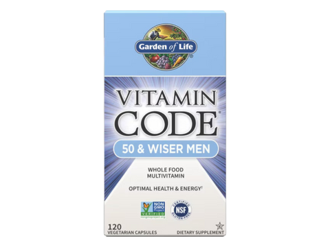 Garden of Life Vitamin Code Men's 50 Plus Multi with Probiotics and CoQ10 bottle front label packaging- 120 capsules