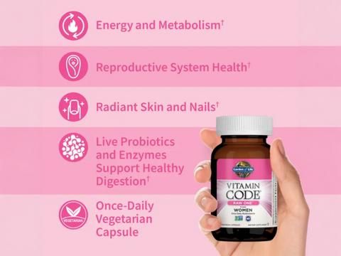Garden of Life Vitamin Code RAW ONE for Women Once Daily Multi side bottle packaging with key benefits detail
