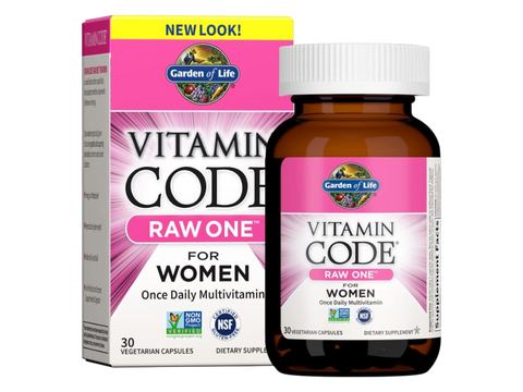 Garden of Life Vitamin Code RAW ONE for Women Once Daily Multi front bottle packaging showing product name and branding- 30 capsules