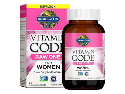 Garden of Life Vitamin Code RAW ONE for Women Once Daily Multi front bottle packaging showing product name and branding- 75 capsules