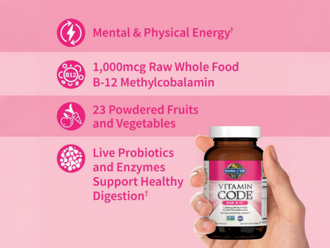 Garden of Life Vitamin Code Raw B-12 1000mcg Methylcobalamin 30 Veg Caps with key benefits detail