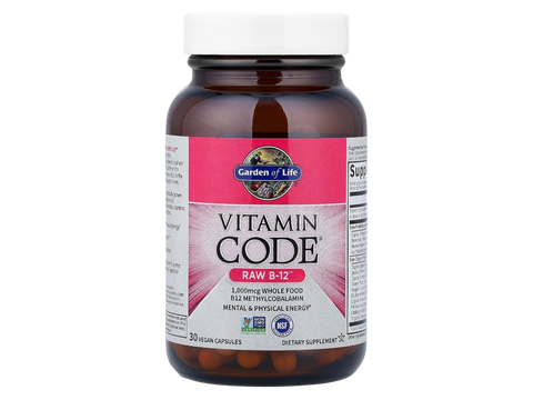 Garden of Life Vitamin Code Raw B-12 1000mcg Methylcobalamin 30 Veg Caps front bottle packaging showing product name and branding