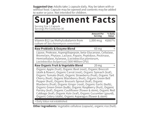 Garden of Life Vitamin Code Raw B-12 1000mcg Methylcobalamin 30 Veg Caps supplement facts panel